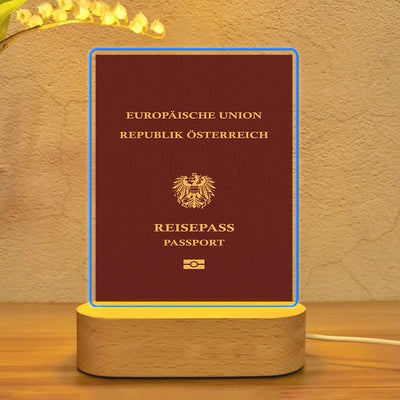 Austrian Passport aviation themed night lamp, premium acrylic with LED.