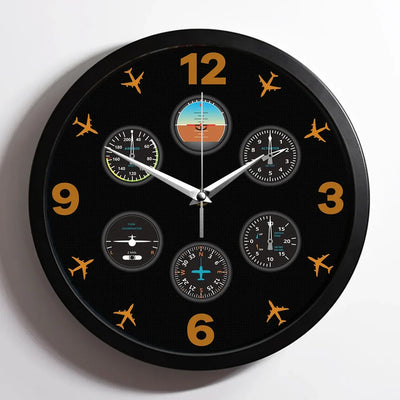 Pilot's Six Pack aviation design on premium wood and metal wall clock.