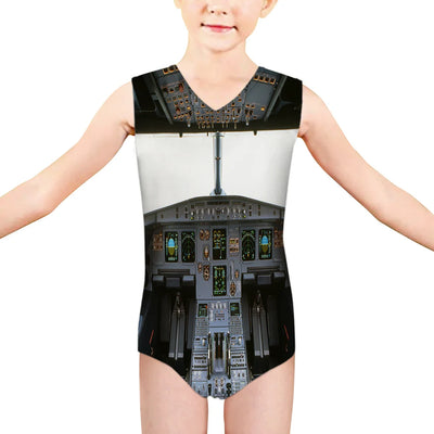 Airbus A320 Cockpit (Wide) aviation print on kids quick-dry fabric swimsuit.