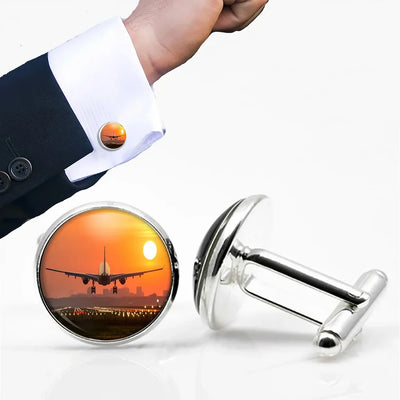 Side view of Amazing Airbus A330 Landing at Sunset aviation cuff links in polished metal, polished finish.