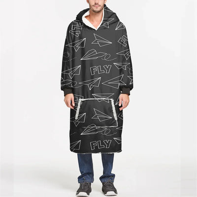 Paper Airplane & Fly (Gray) aviation design on soft fleece blanket hoodie.