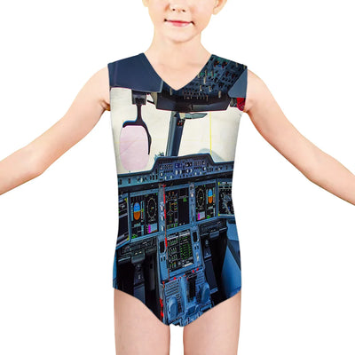 Airbus A350 Cockpit aviation print on kids quick-dry fabric swimsuit.
