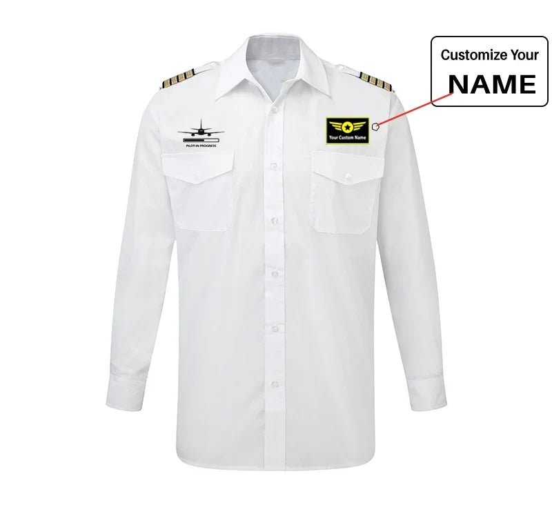 Pilot In Progress aviation design printed on crisp poplin cotton long-sleeve pilot shirt.