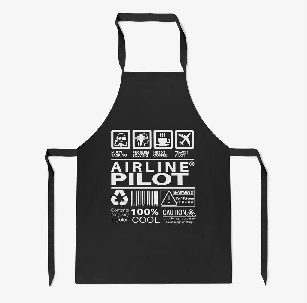Airline Pilot Label aviation design on durable cotton blend kitchen apron.