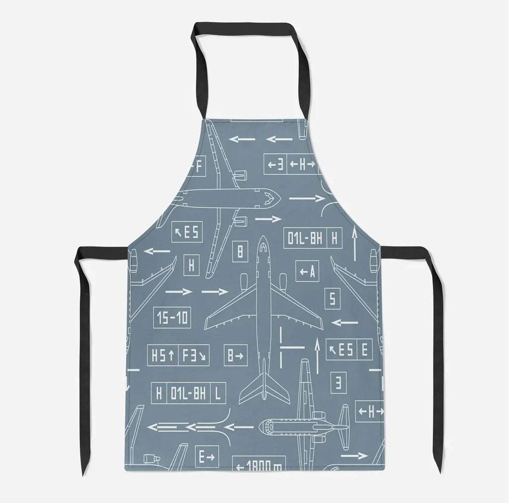 Jet Planes & Airport Signs aviation design on durable cotton blend kitchen apron.