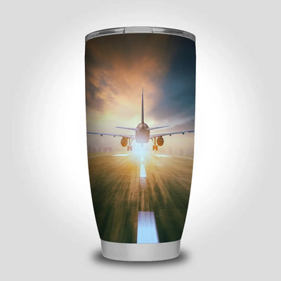 Airplane Flying Over Runway Travel Mug