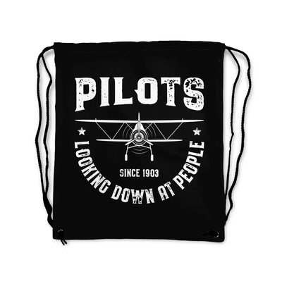 Pilots Looking Down at People Since 1903 aviation print drawstring bag, lightweight polyester.