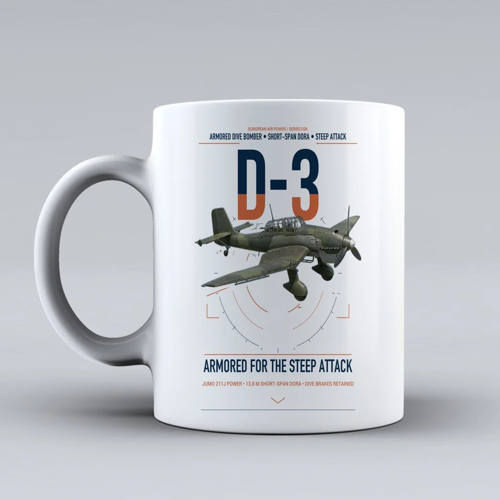 Junkers Ju 87D-3 design on white ceramic mug, double-side print