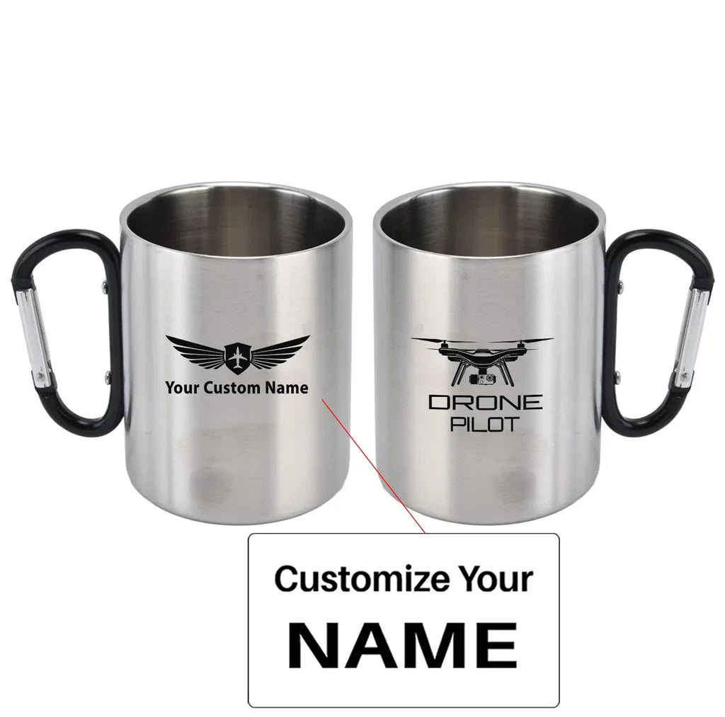 Drone aviation design on outdoor mug, durable insulated construction.