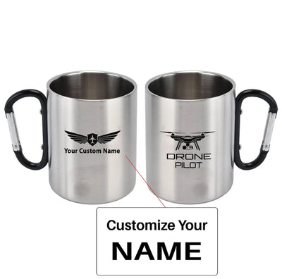 Drone aviation design on outdoor mug, durable insulated construction.