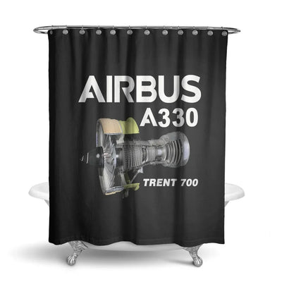 Airbus A330 & Trent 700 Engine aviation design on waterproof polyester shower curtain.