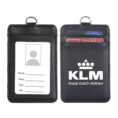 KLM Royal Dutch Airlines aviation design ID card holder, faux leather construction.