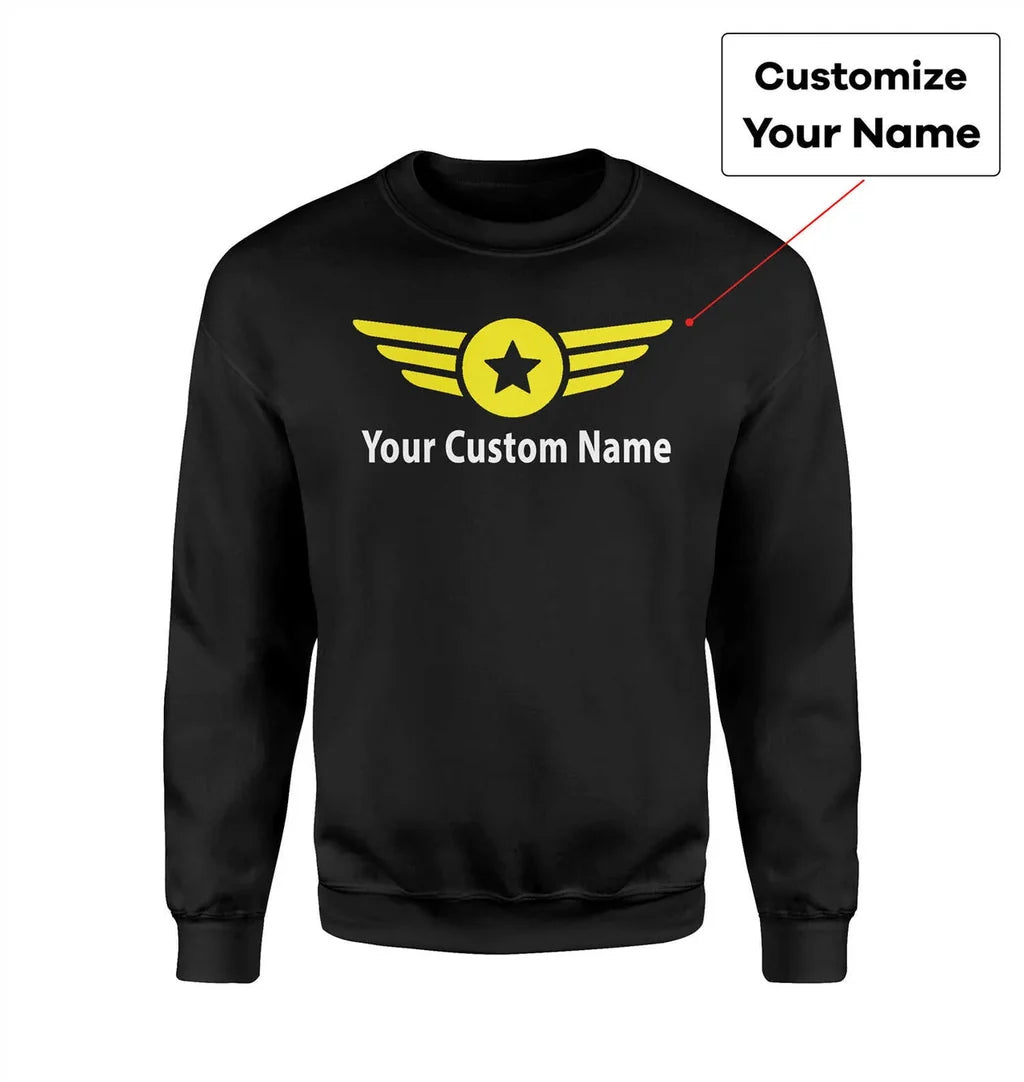 Custom Name & Big Badge (4) aviation design printed on soft cotton blend sweatshirt.