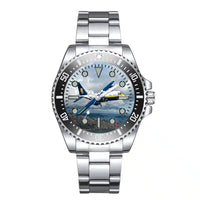 Thumbnail for Side view of Blue Angels & Bridge Luxury Aviators aviation aviator watch in premium stainless steel, polished finish.