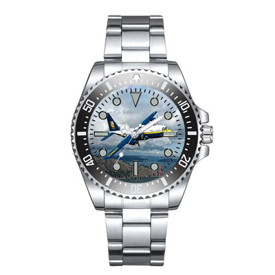 Side view of Blue Angels & Bridge Luxury Aviators aviation aviator watch in premium stainless steel, polished finish.