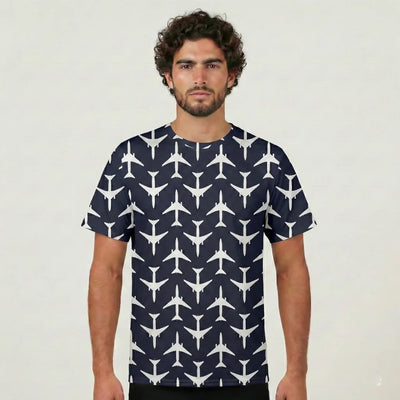 Perfectly Sized Seamless Airplanes Dark Blue aviation design printed on soft cotton 3D-print T-shirt.