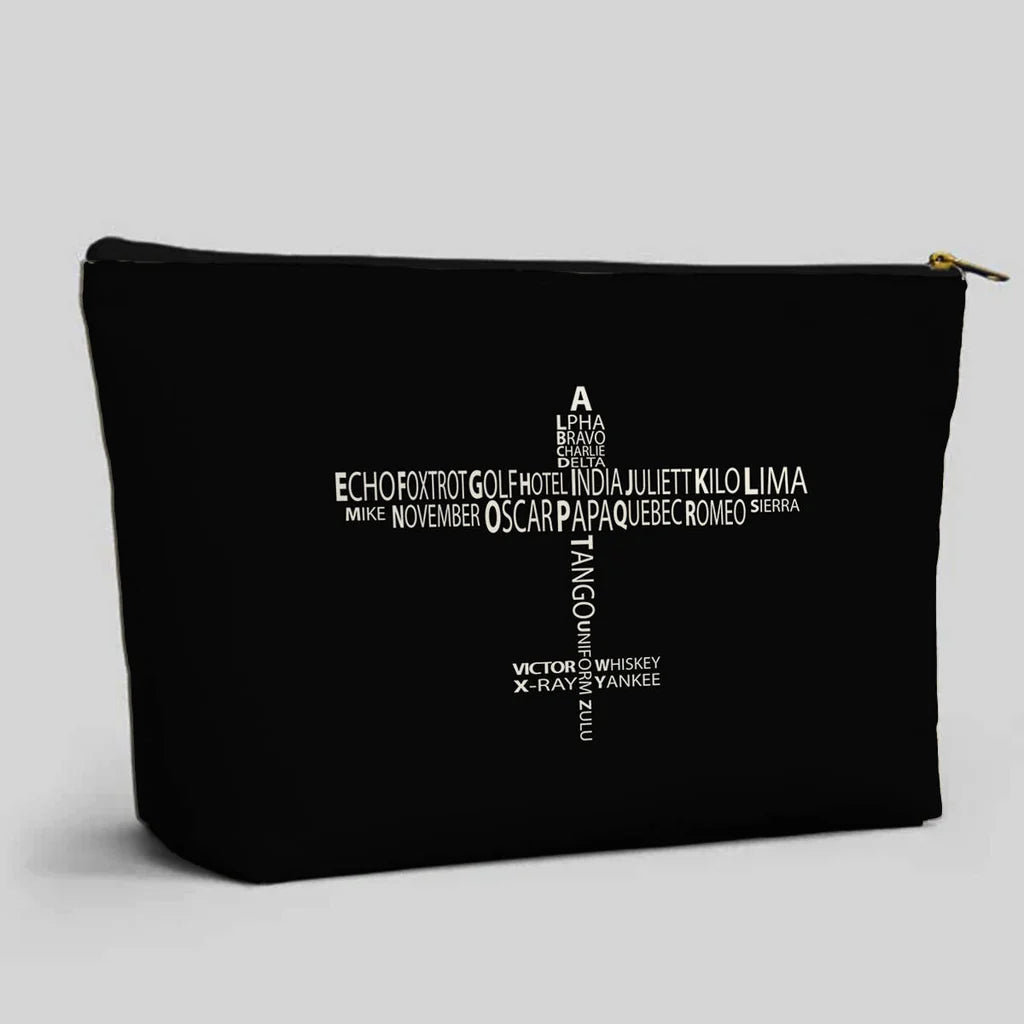 Propeller Shape Aviation Alphabet aviation design zipper pouch, durable polyester construction.