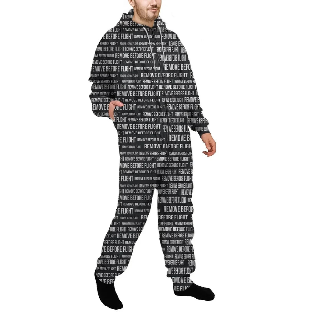 Remove Before Flight 3-Black Jumpsuit for Men & Women aviation design on soft cotton blend jumpsuit.