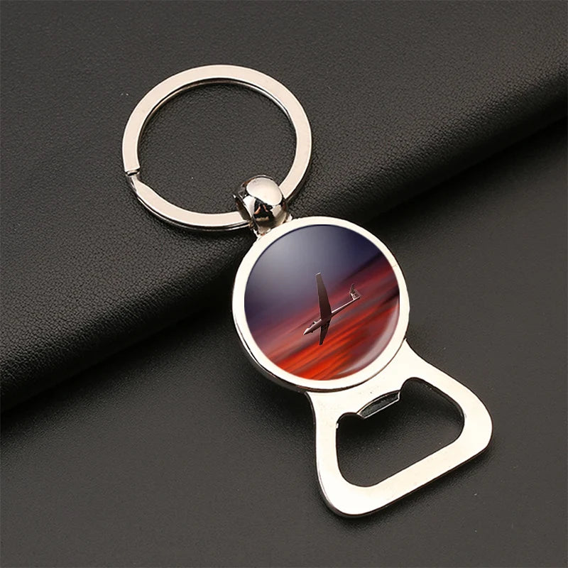 Cruising Glider at Sunset Bottle Opener aviation design on bottle-opener key chain, durable metal alloy with built-in opener.