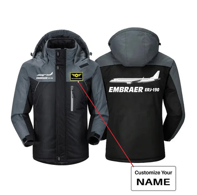 The Embraer ERJ-190 aviation design printed on heavyweight insulated shell thick winter jacket.
