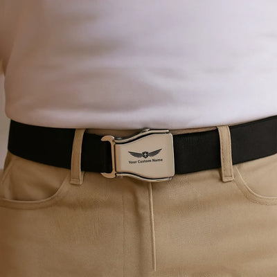 Custom Name (Badge 2) aviation seat-belt buckle accessory, real seat-belt webbing.