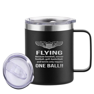 Flying One Ball aviation design on laser-engraved mug, permanent laser engraving on stainless.