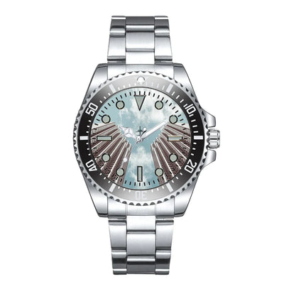 Airplane Flying over Big Buildings Luxury Aviators aviation-themed aviator watch, polished premium stainless steel.