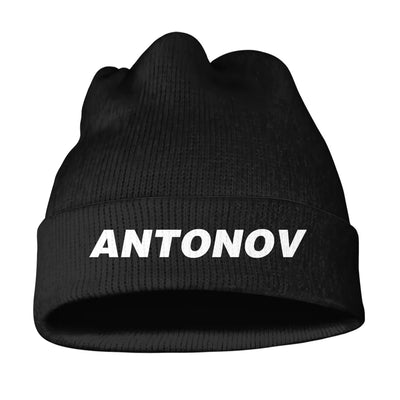 Antonov & Text aviation embroidery on soft knit fabric 3D knit beanie.
