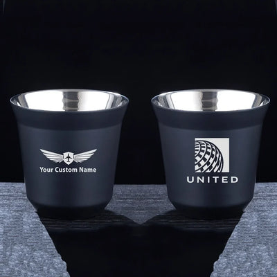 United Airlines aviation design on double-wall coffee mug, vacuum-insulated double-wall.
