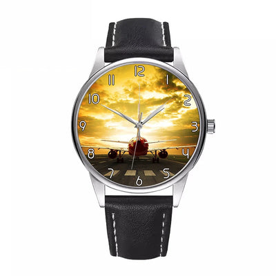 Ready for Departure Passanger Jet aviation-themed watch with leather strap, polished leather strap.