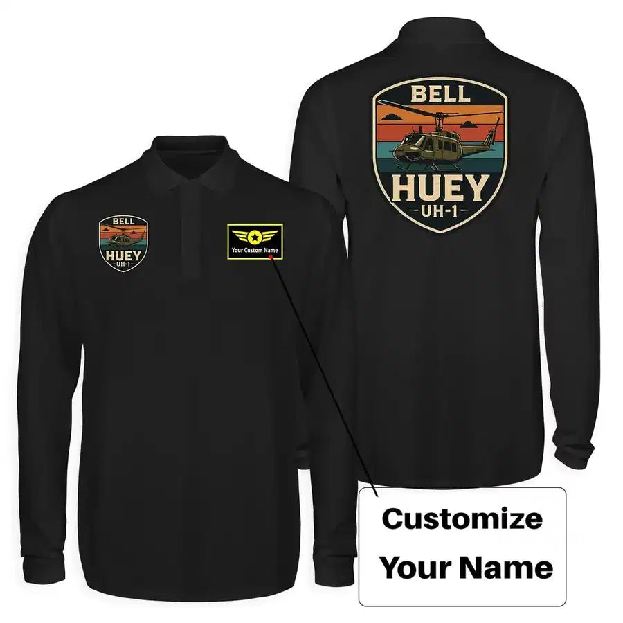 Retro BELL HUEY UH-1 Long Sleeve Polo T-Shirts (Double-Side) aviation design printed on soft cotton long-sleeve double-side polo.