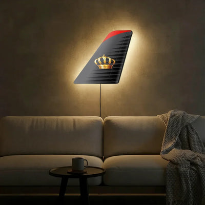 Royal Jordanian aviation design on durable metal with LED aircraft tail wall art.