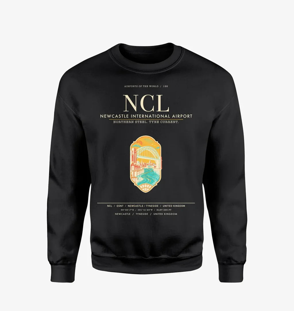 Newcastle International Airport (NCL) design on black sweatshirt