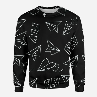 Paper Airplane & Fly Black aviation design printed on soft cotton blend 3D sweatshirt.