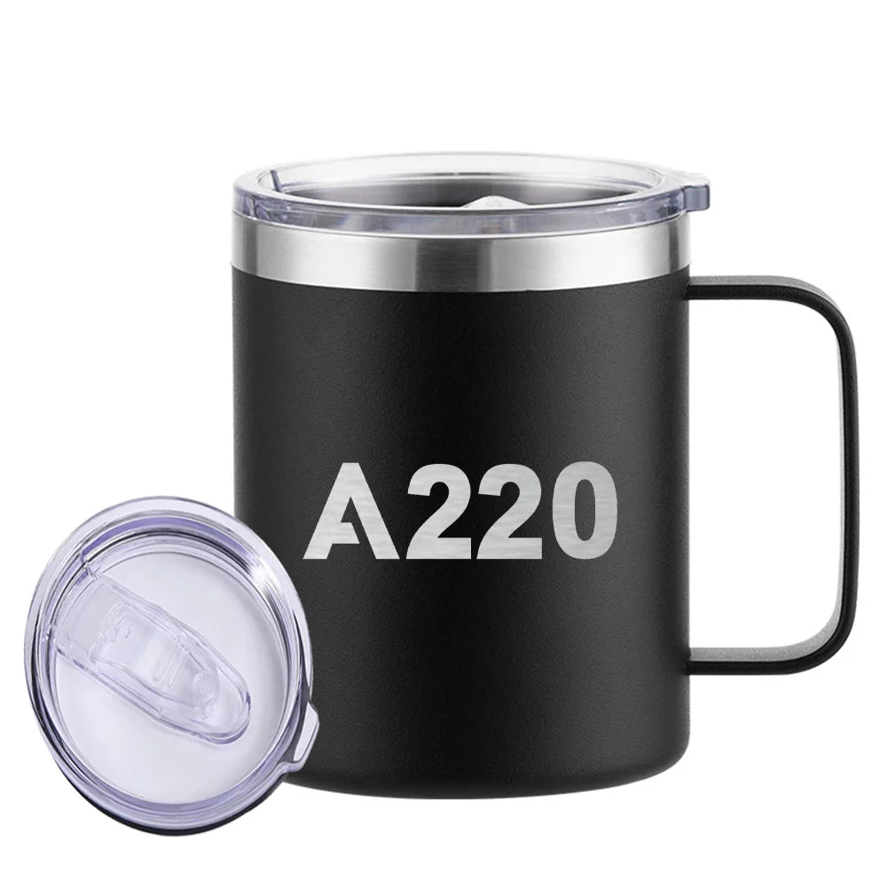 Airbus A220 Flat Text aviation design on laser-engraved mug, permanent laser engraving on stainless.