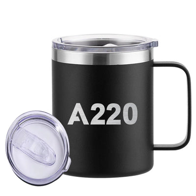 Airbus A220 Flat Text aviation design on laser-engraved mug, permanent laser engraving on stainless.