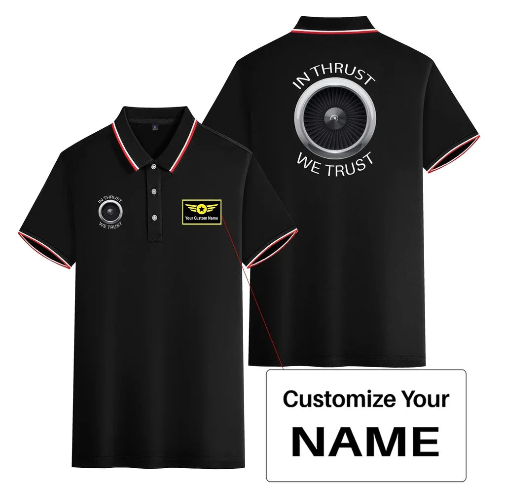 In Thrust We Trust Stylish Polo T-Shirts (Double-Side) aviation design printed on soft cotton stylish double-side polo.