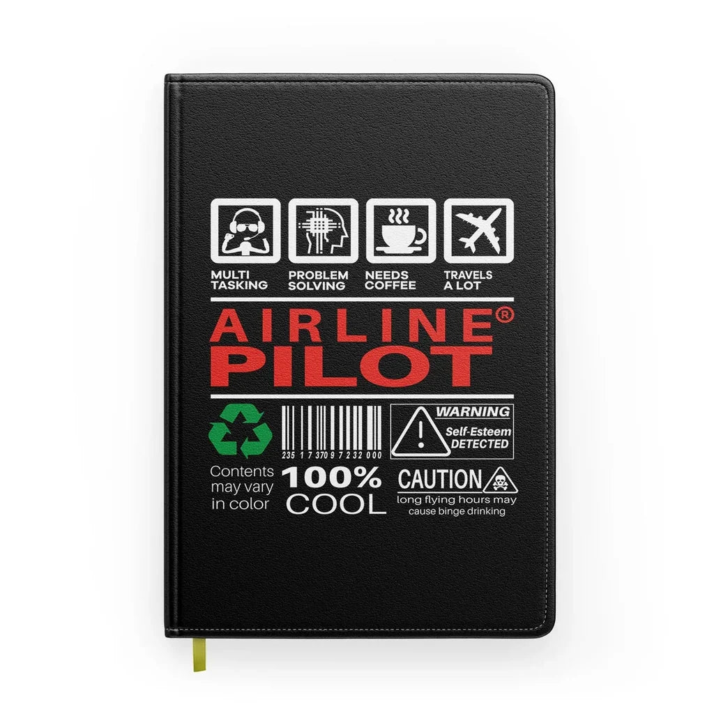 Airline Pilot Label aviation design on premium hardcover notebook.