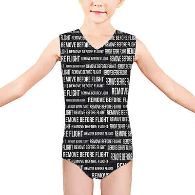 Remove Before Flight 3-Black aviation print on kids quick-dry fabric swimsuit.