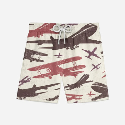 Vintage & Jumbo Airplanes aviation print swim trunks, quick-dry polyester.