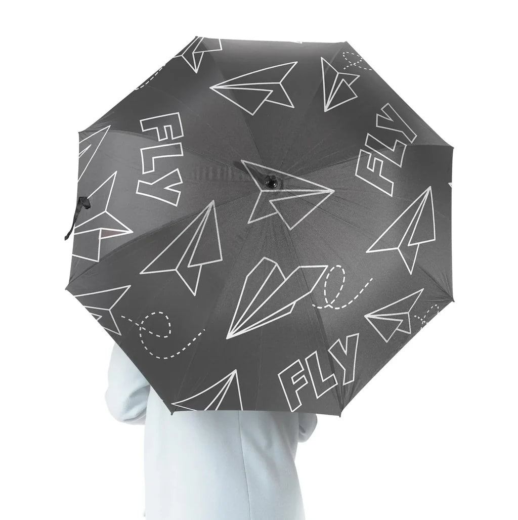 Paper Airplane & Fly (Gray) aviation design on windproof polyester umbrella.