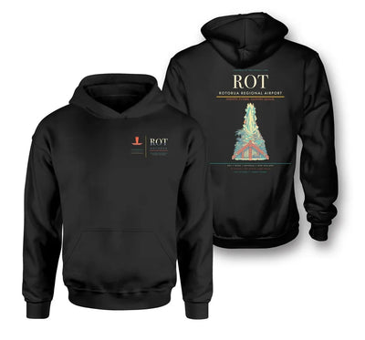 Rotorua Regional Airport (ROT) design on black double-side hoodie