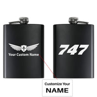 Thumbnail for Boeing 747 Flat Text aviation design on stainless hip flask, compact pocket-size flask.