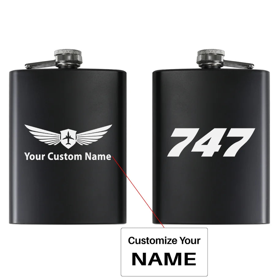 Boeing 747 Flat Text aviation design on stainless hip flask, compact pocket-size flask.