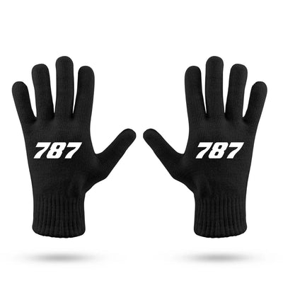 Boeing 787 Flat Text aviation design on soft knit fabric gloves.