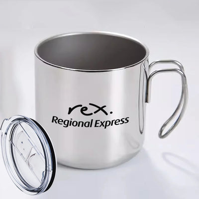Rex Airlines aviation design on portable mug, vacuum-insulated double-wall.