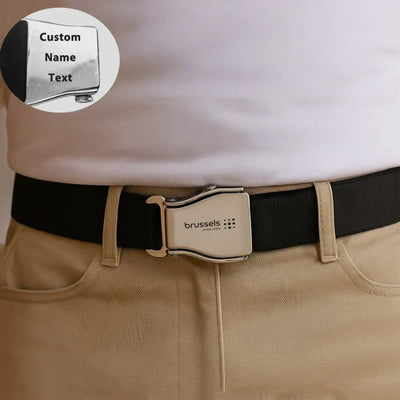 Brussels Airlines aviation seat-belt buckle accessory, real seat-belt webbing.