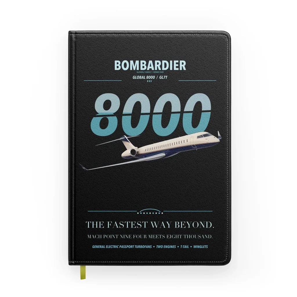 Bombardier Global 8000 design on black notebook