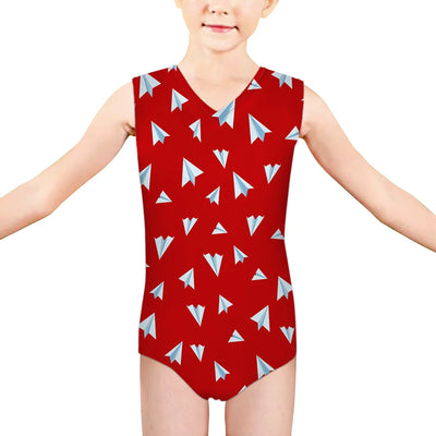 Paper Airplanes (Red) aviation print on kids quick-dry fabric swimsuit.