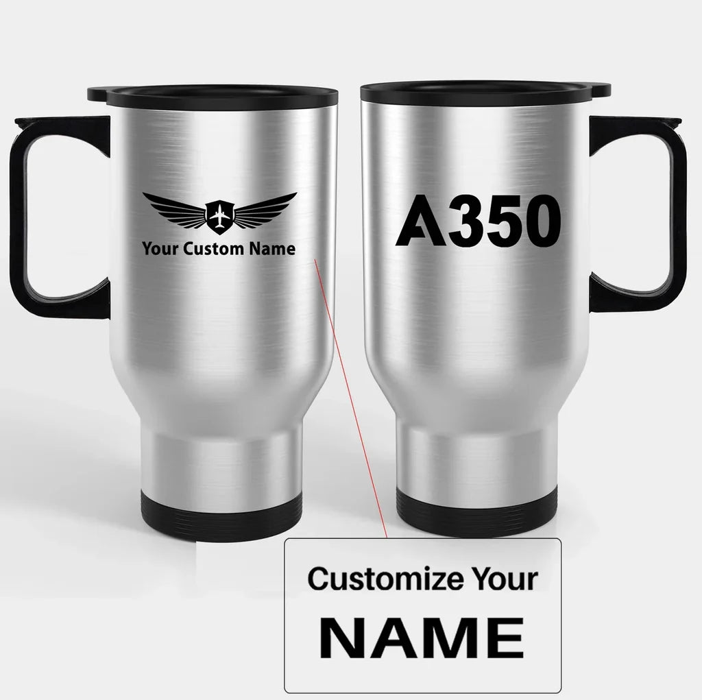 Airbus A350 Flat Text Travel Mugs (With Holder) aviation design on travel mug with holder, insulated double-wall with car-cup.